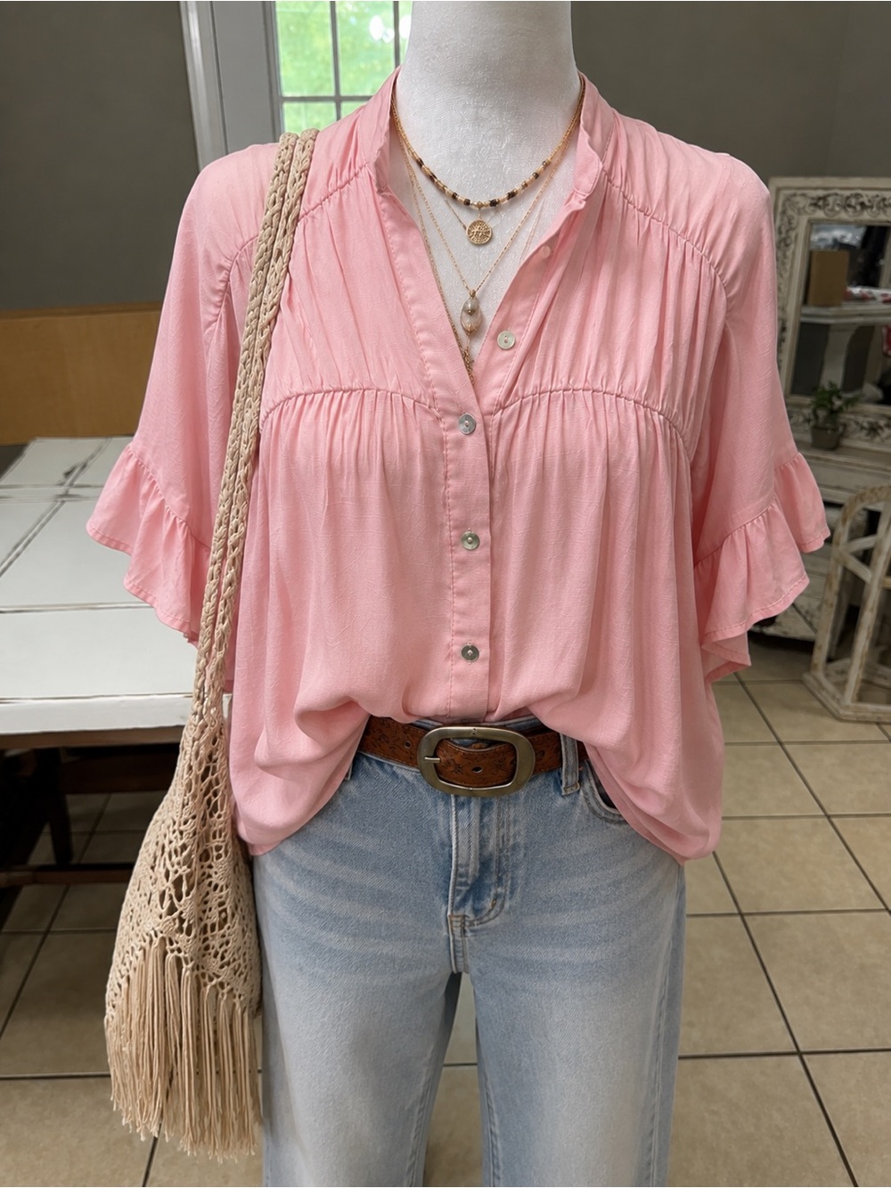 BiBi pink ruffle/boho blouse, size Medium